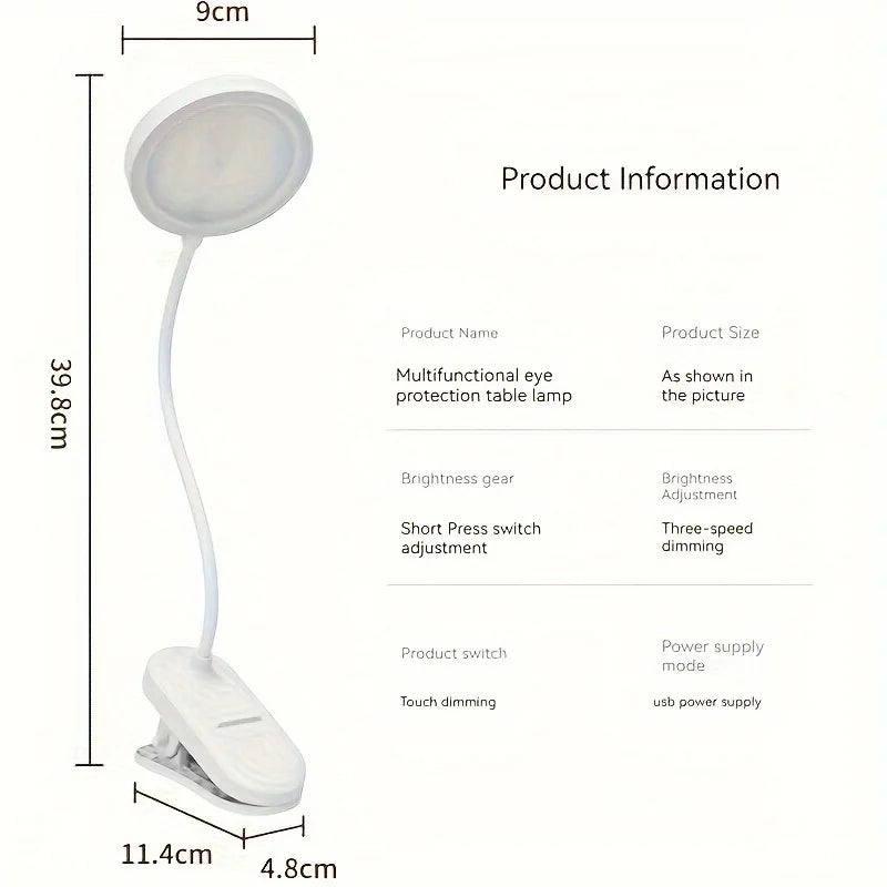USB Rechargeable Clip On Desk Lamp, 3 Color Temperatures & Dimmable, LED Reading Light for Study Office Bedroom